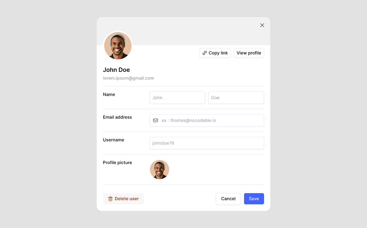 Profile settings popup 2