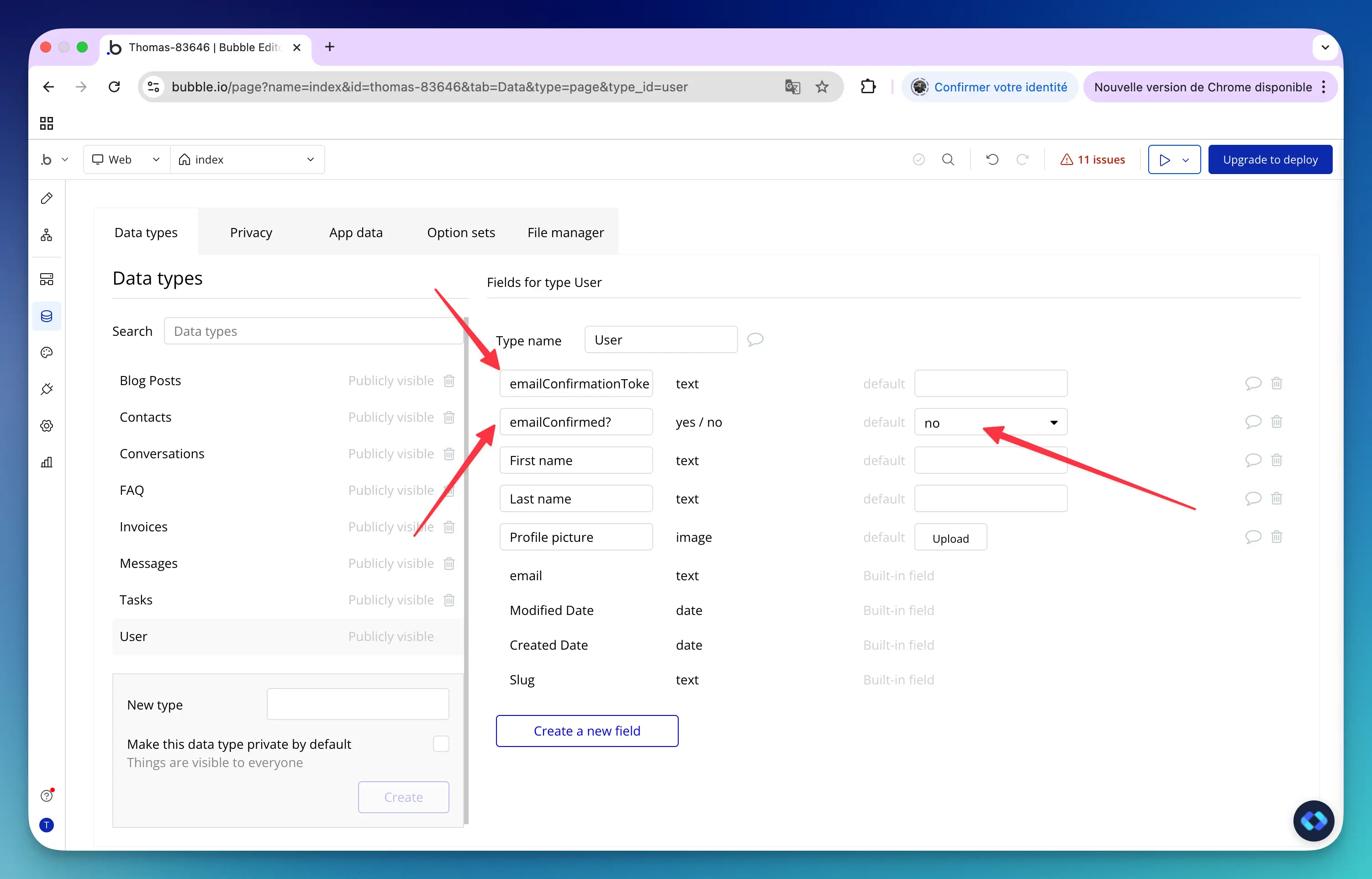 bubble.io email confirmation database