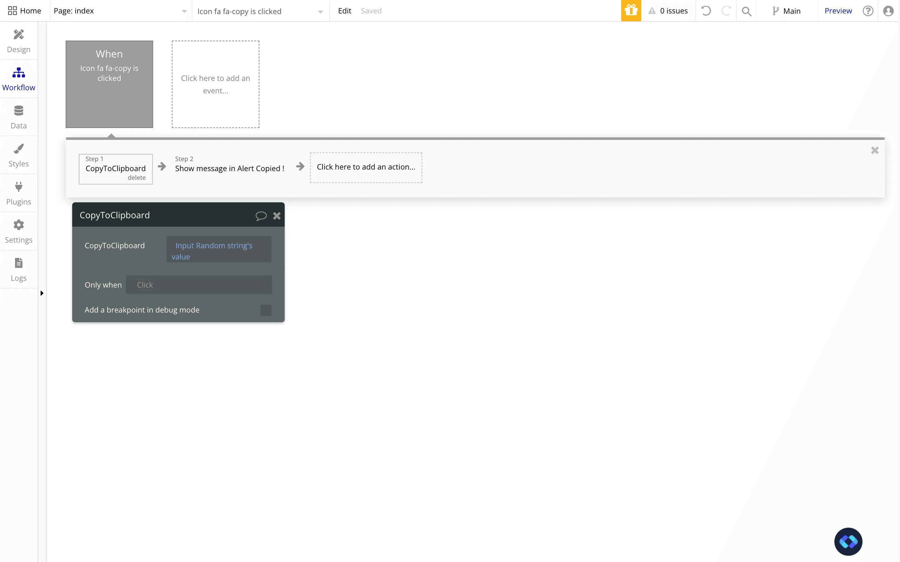 bubble.io workflow to copy to clipboard with a plugin