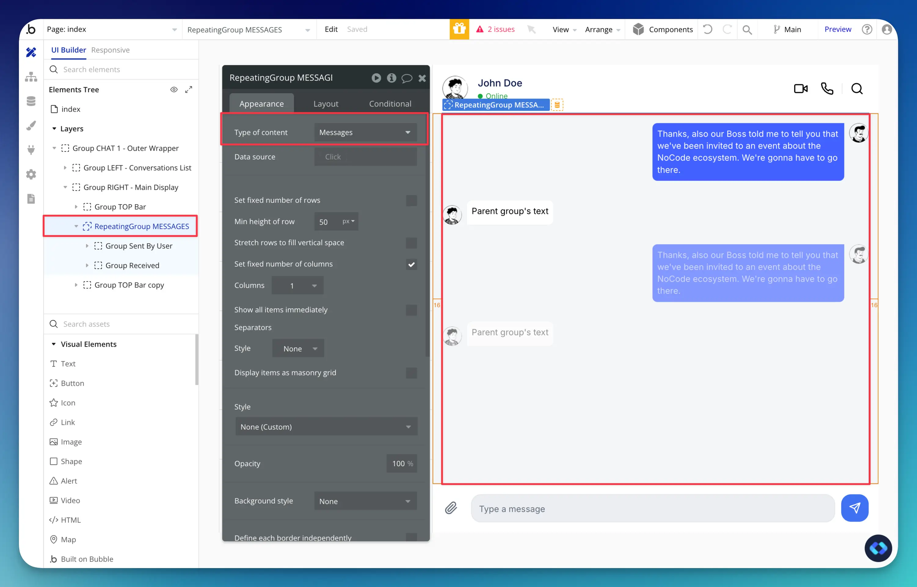 bubble.io messages chat app
