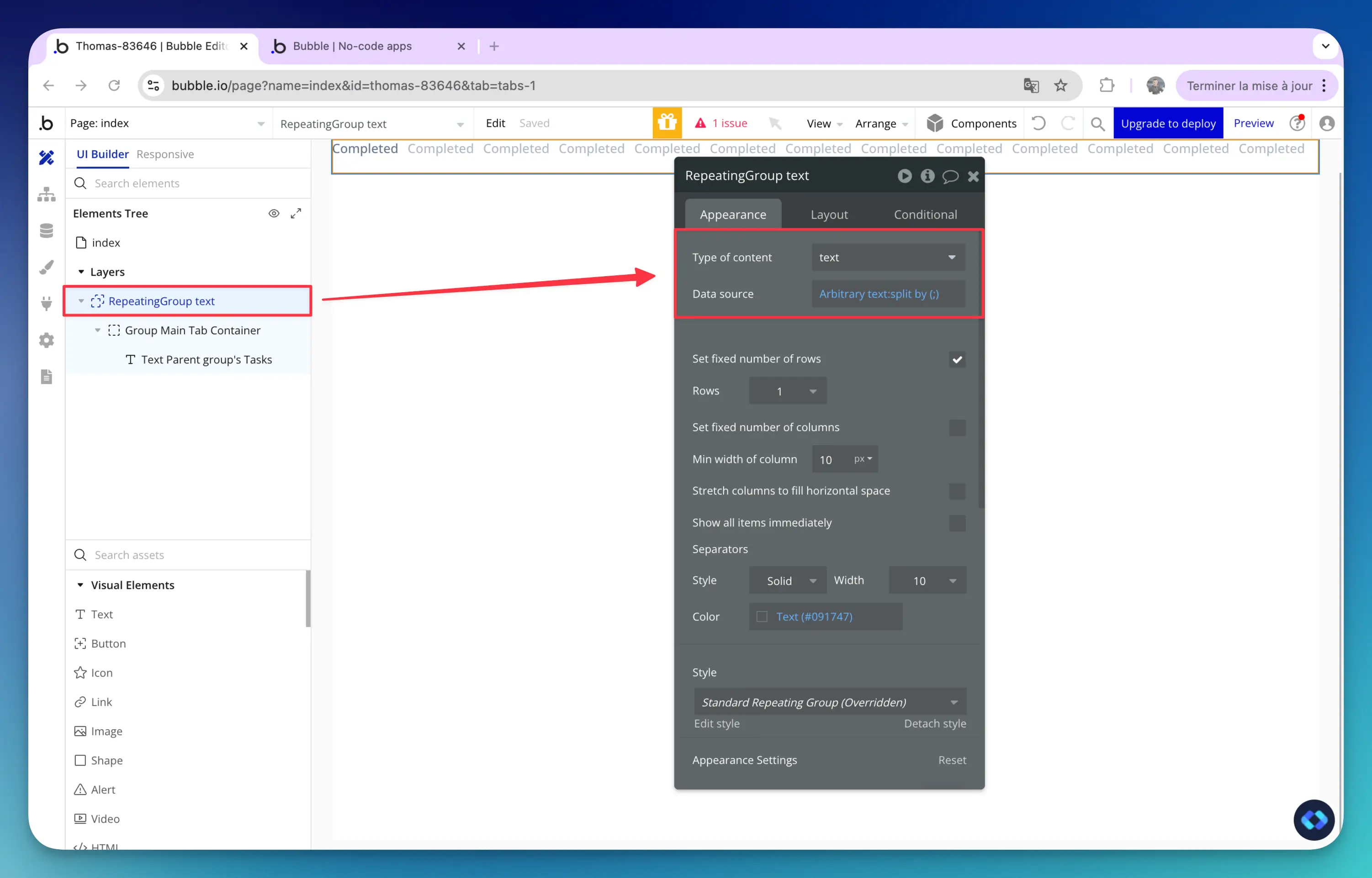 making a tab in bubble with static data