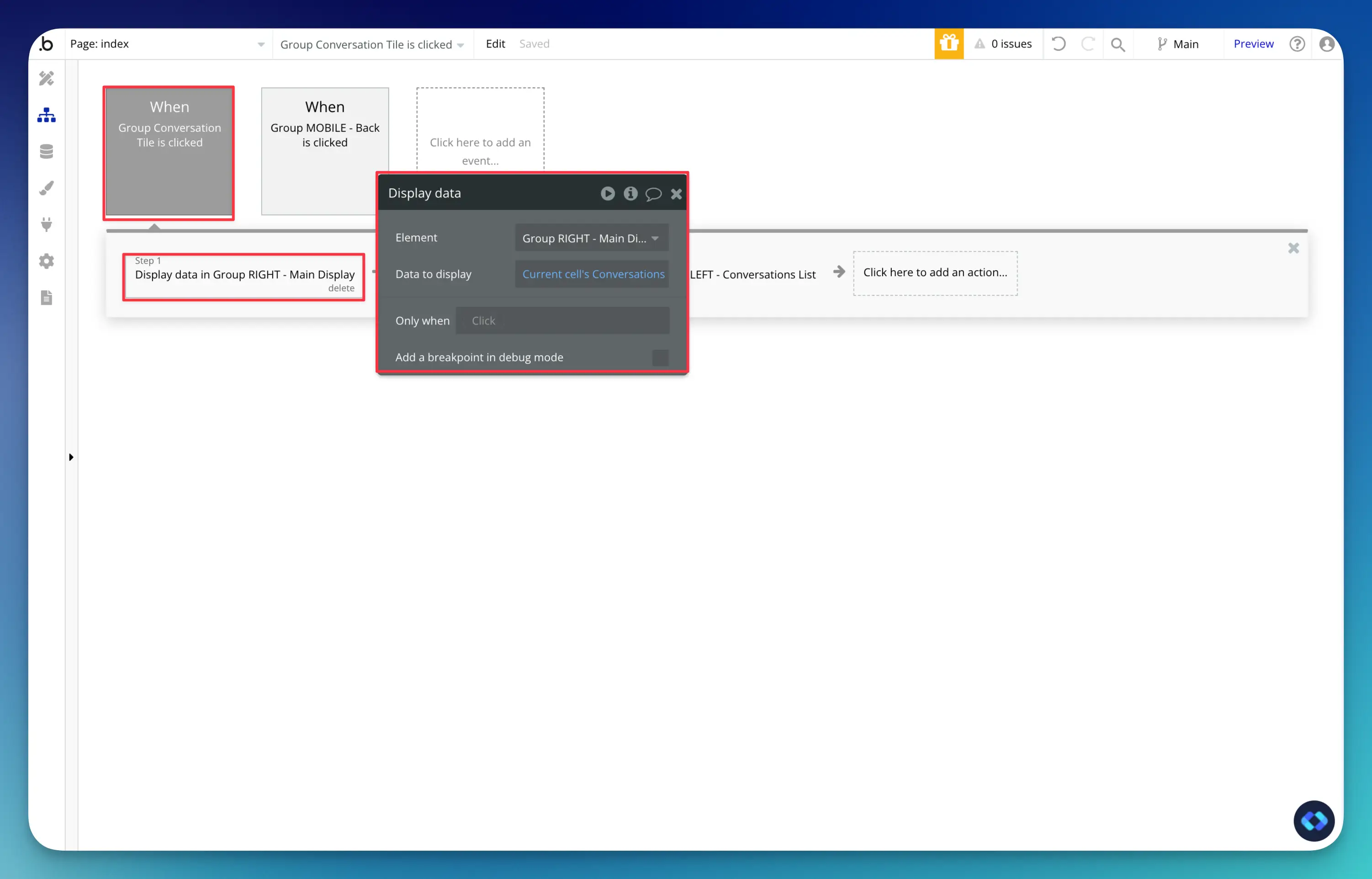 bubble.io workflows for a chat app