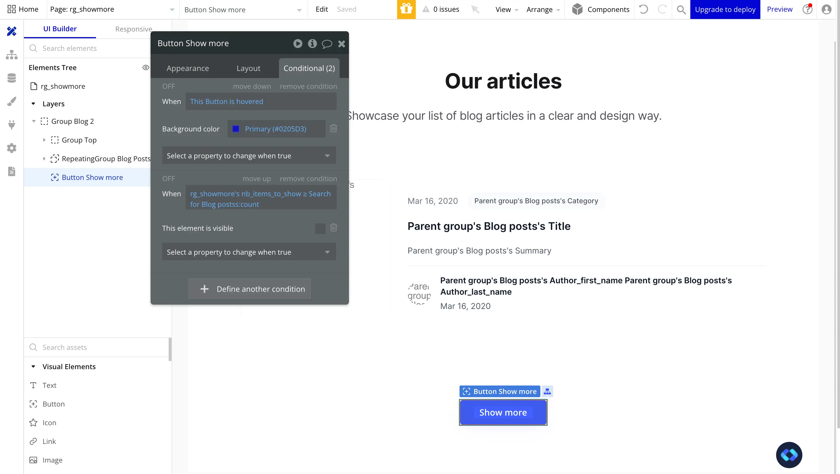 bubble.io repeating group load more button