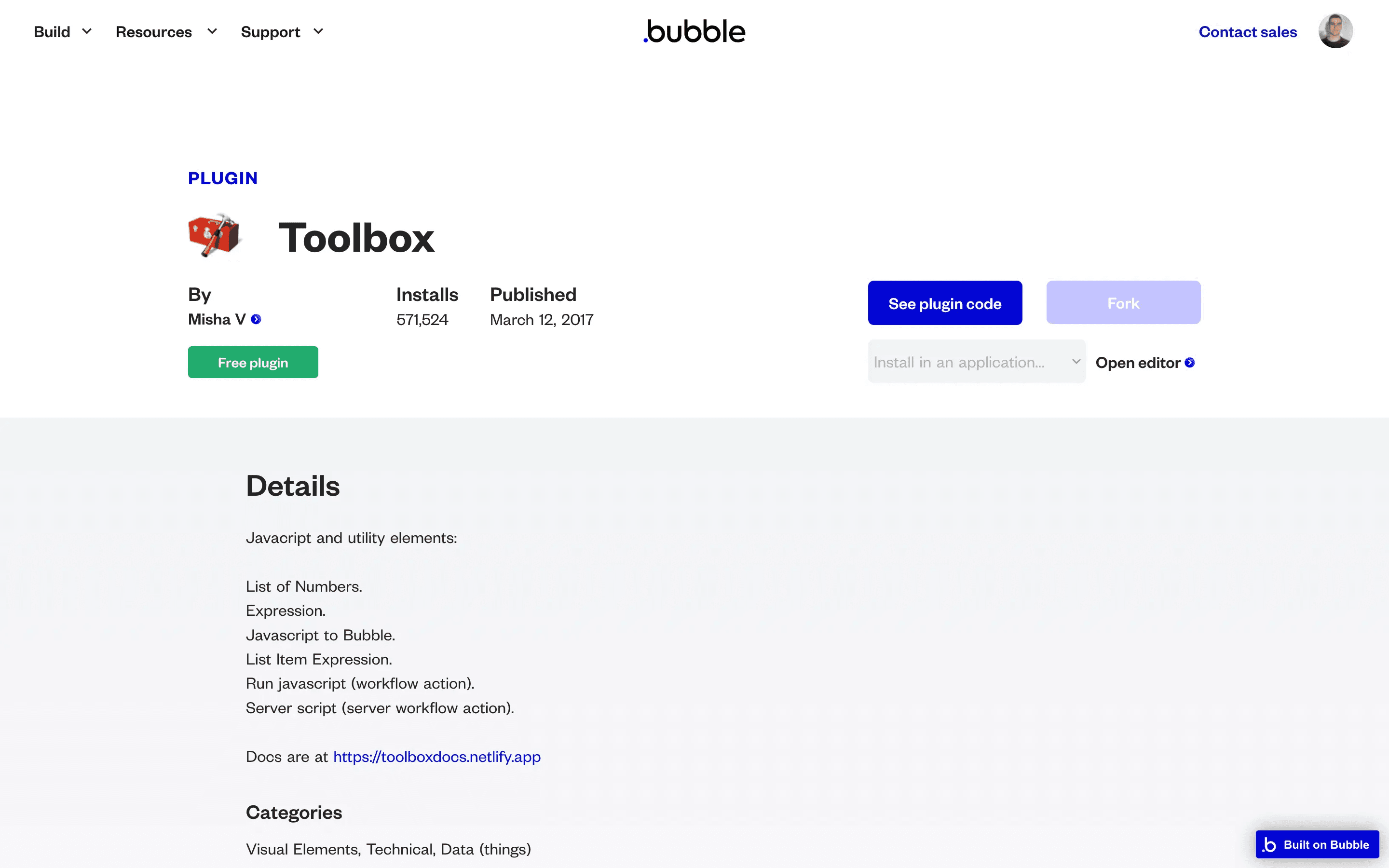bubble.io toolbox plugin page