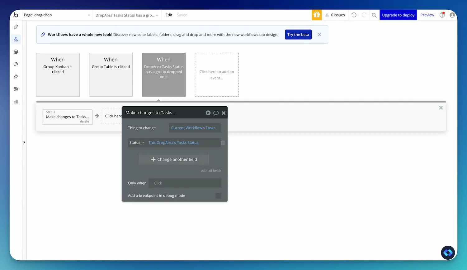 bubble.io workflow for drag and drop system