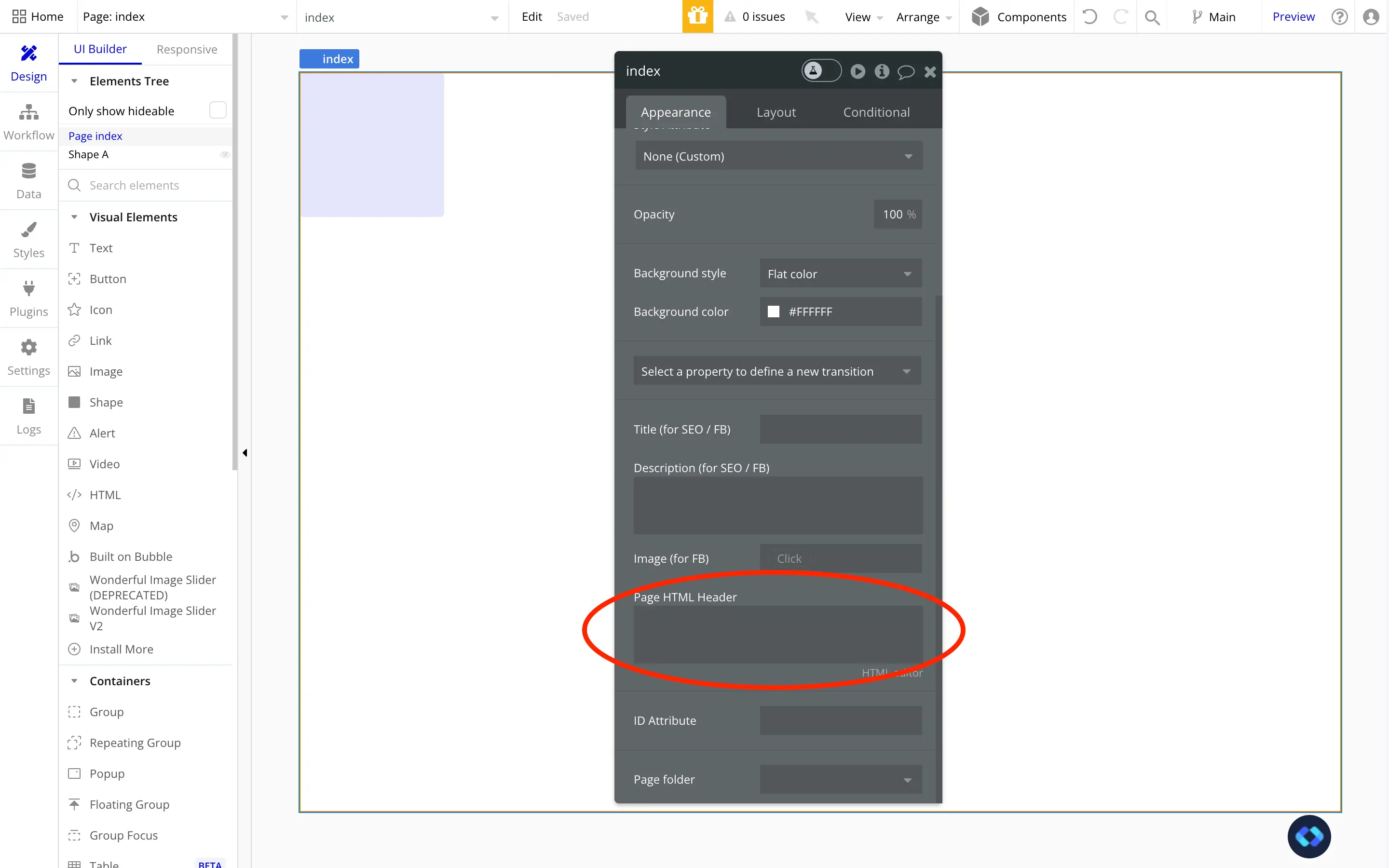 adding custom css in bubble through the HTML Header