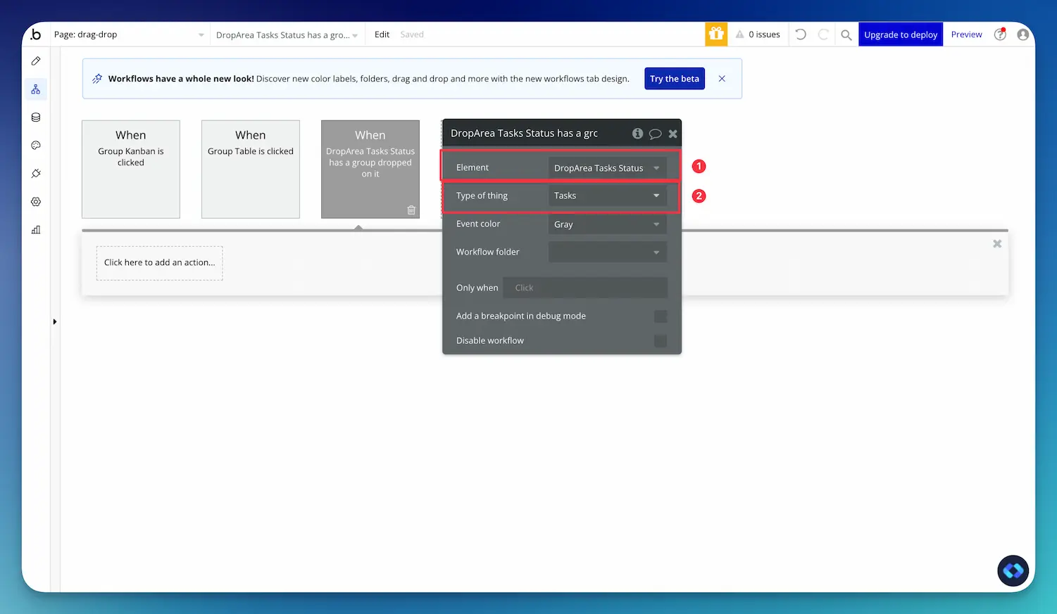 bubble.io drag and drop workflow