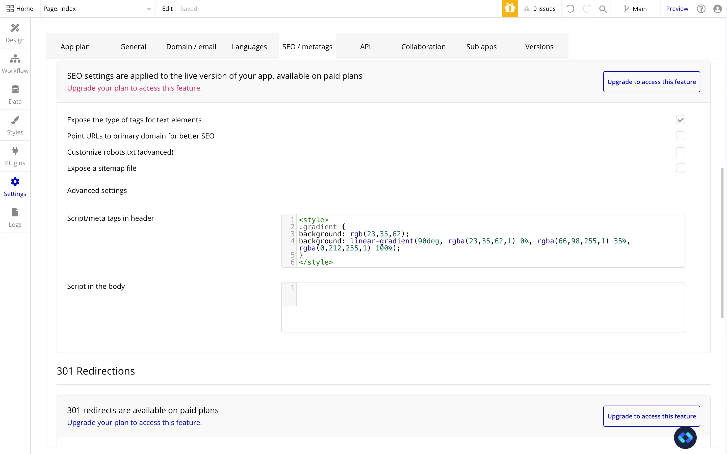 adding custom css in bubble.io settings