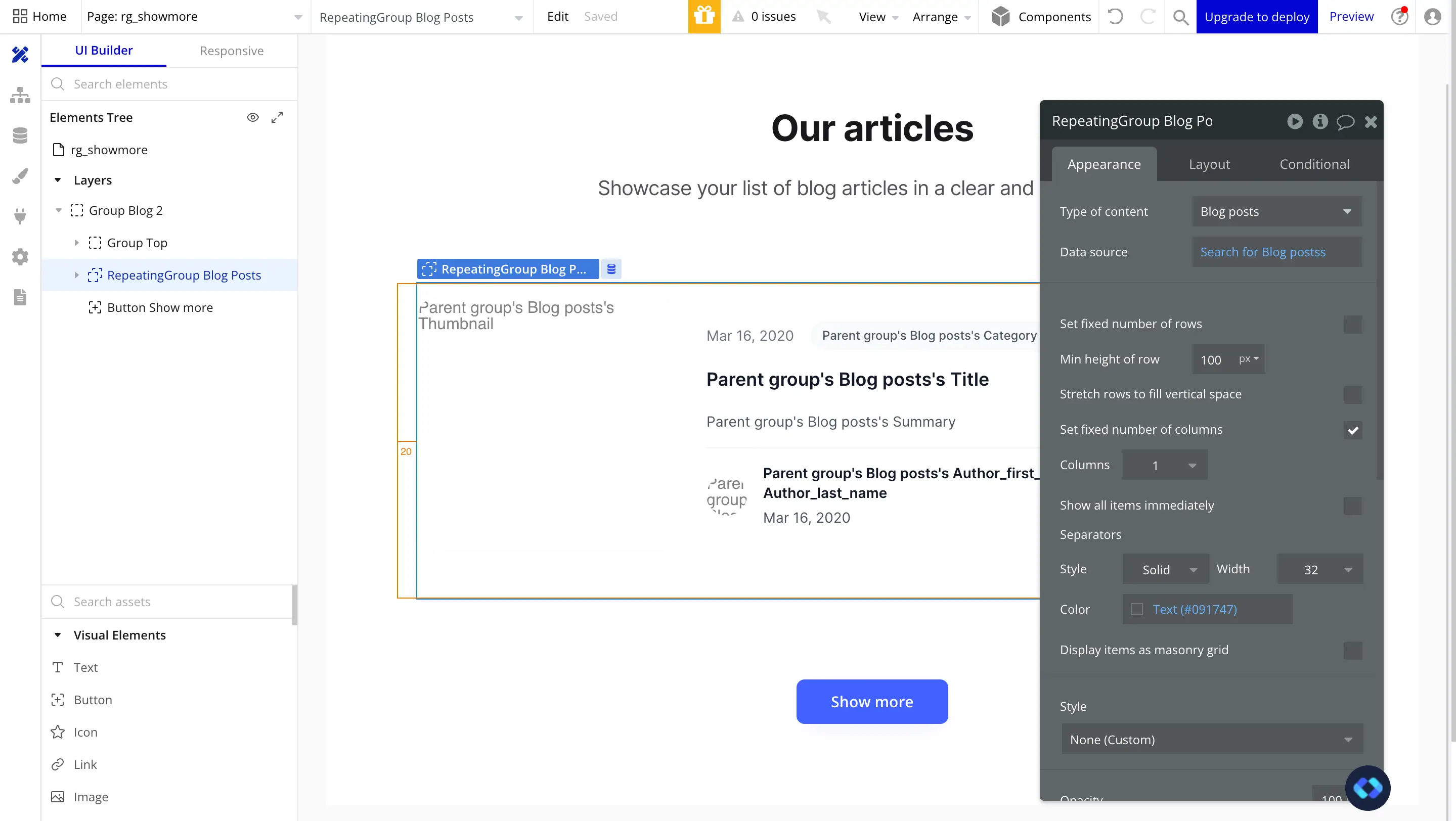 bubble.io show more repeating group