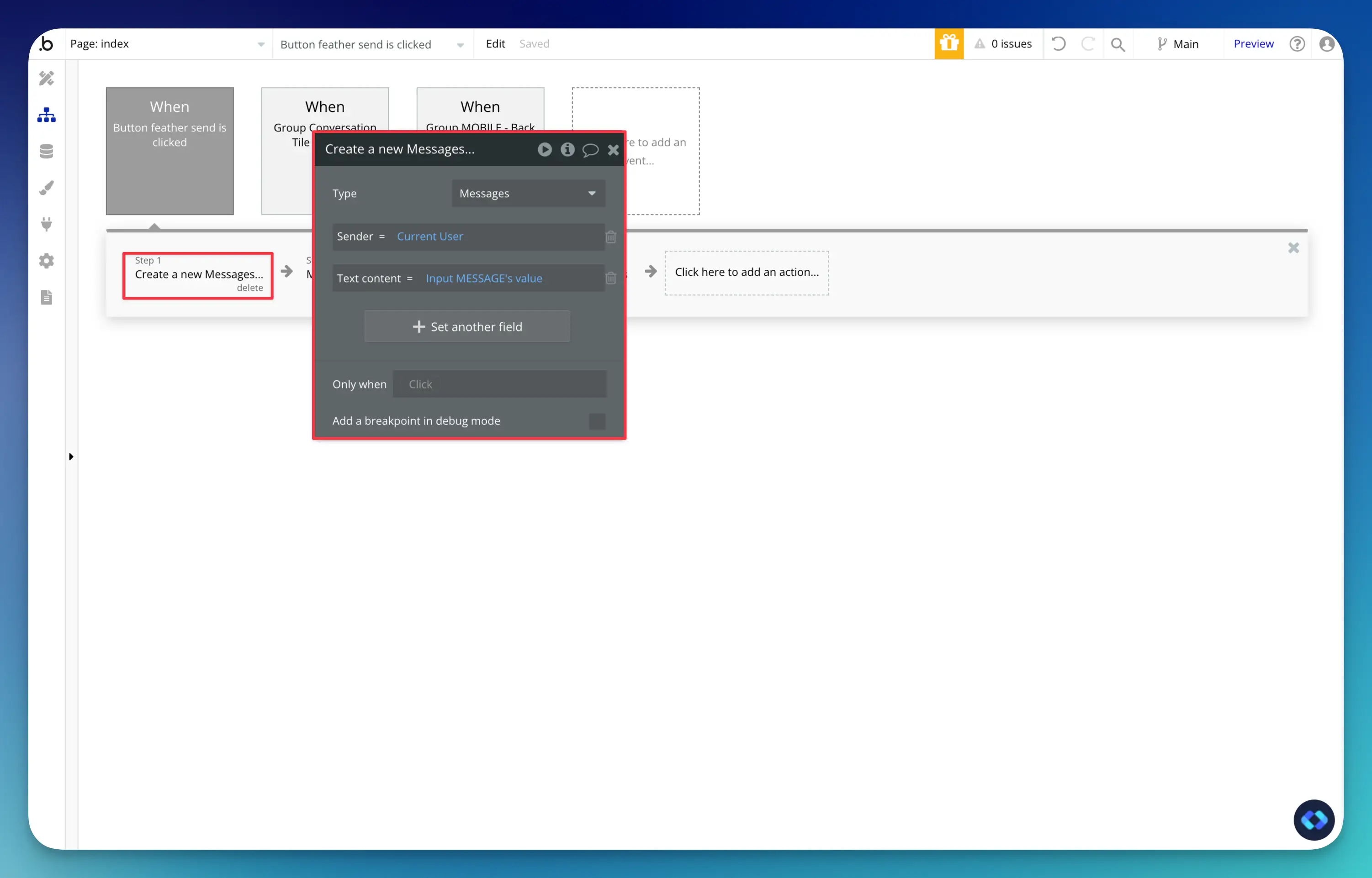 bubble.io chat app send messages