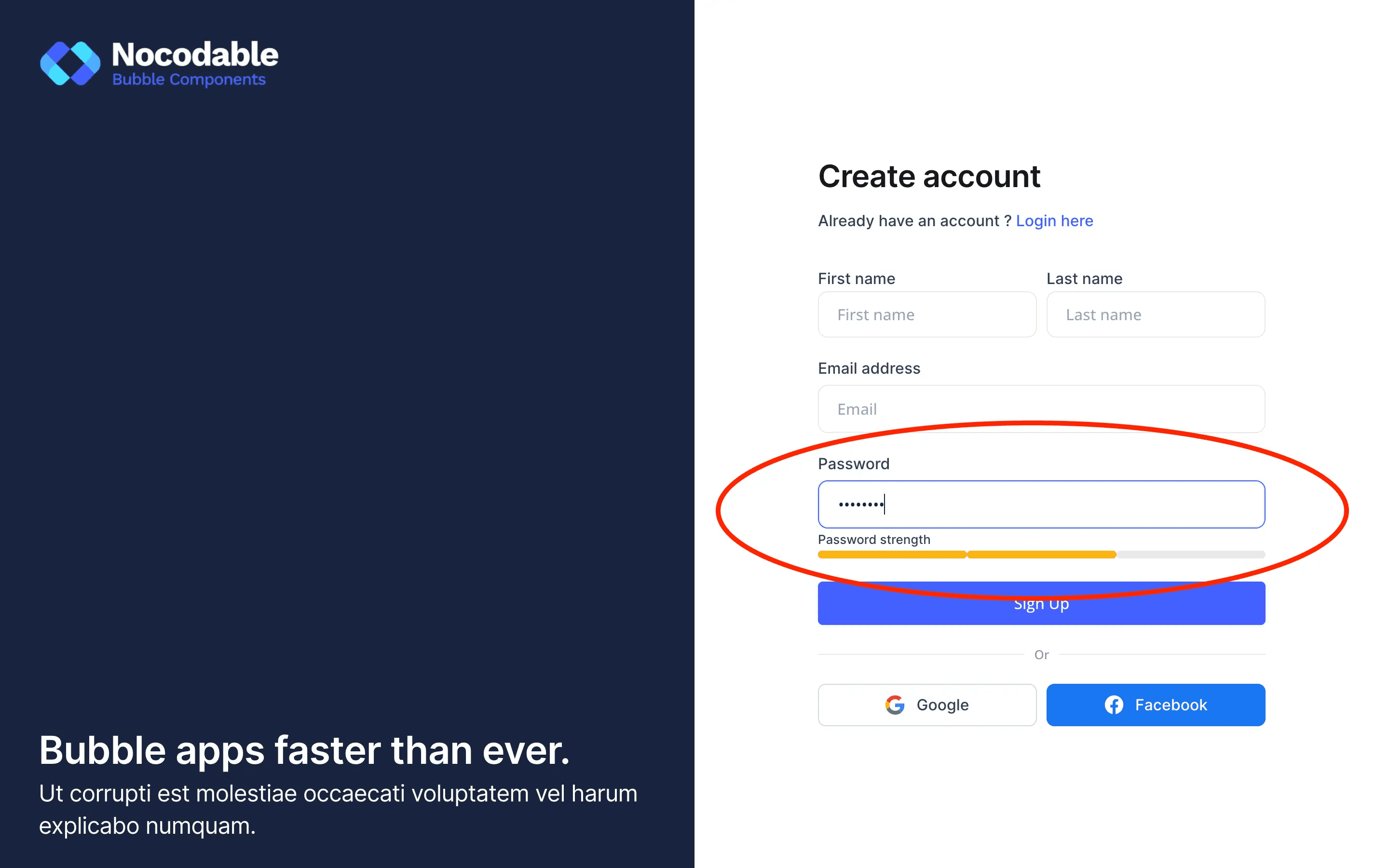 bubble.io example of a password strength indicator