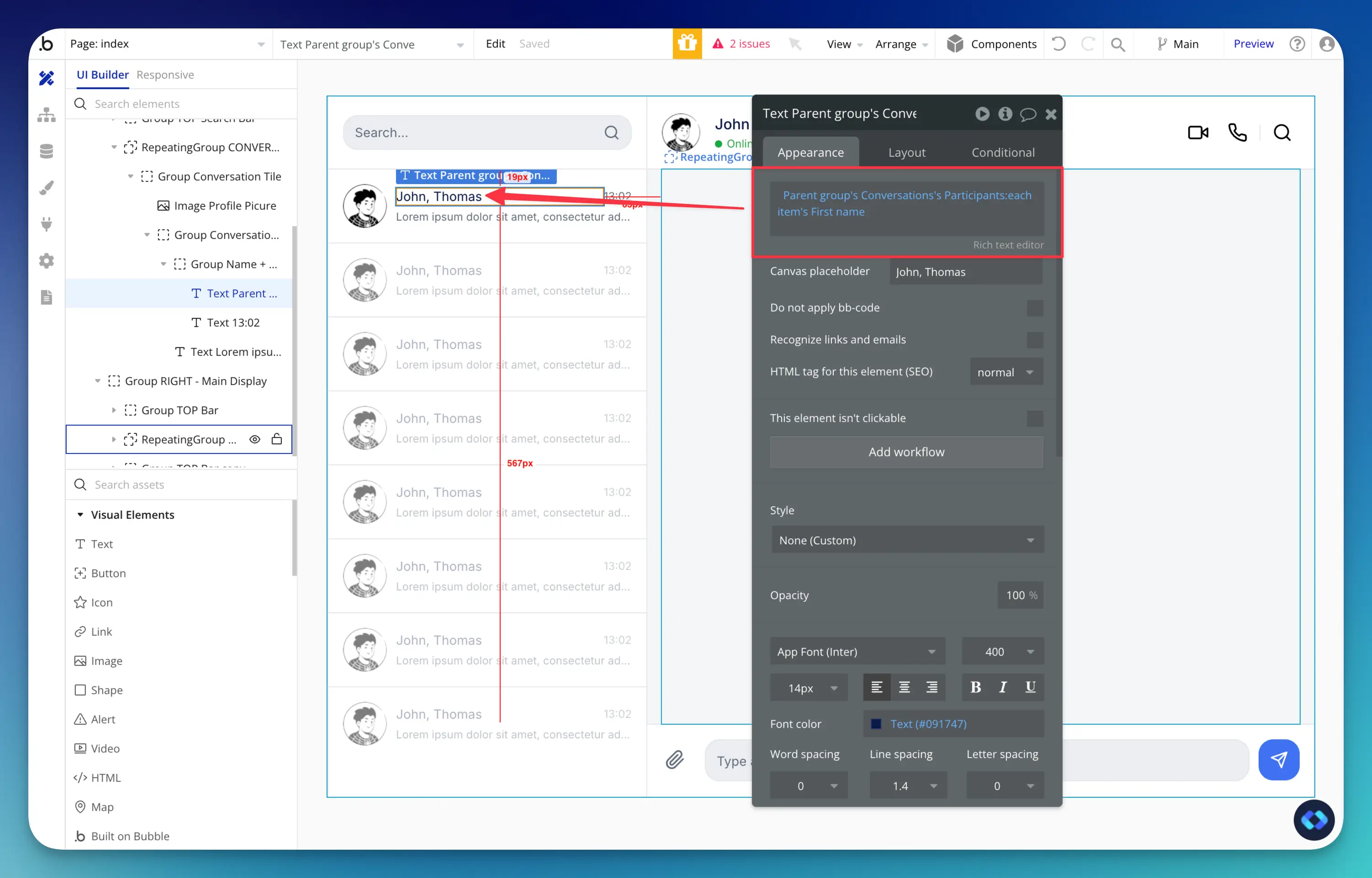 displaying conversations in a chat system for bubble.o