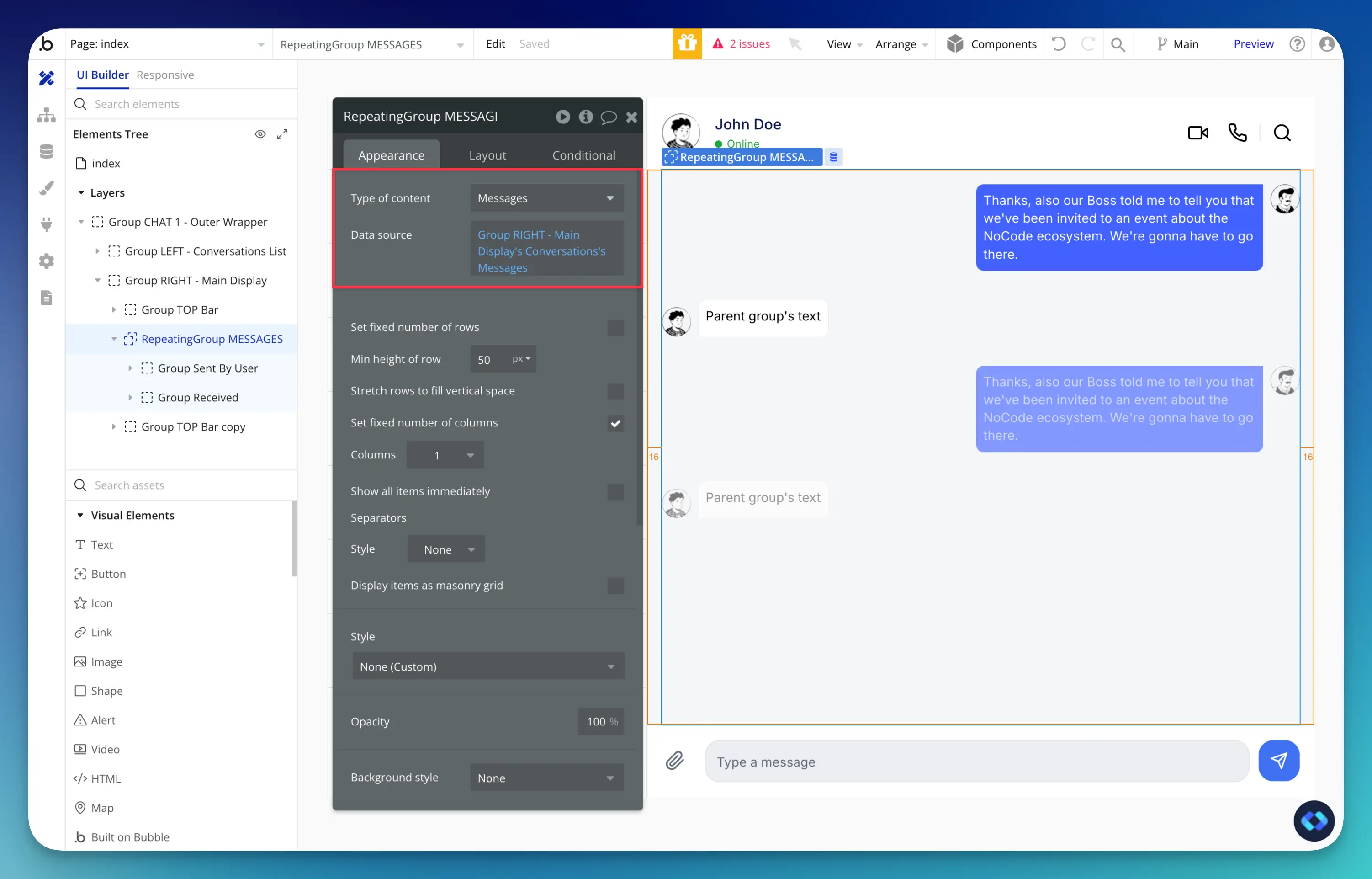 creating a chat messaging app in bubble