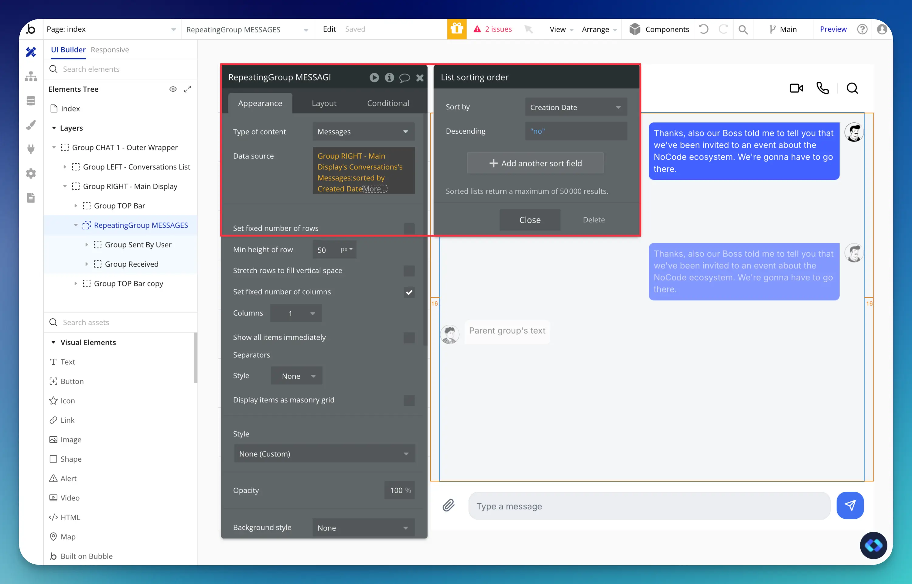 displaying messages in bubble.io chat app