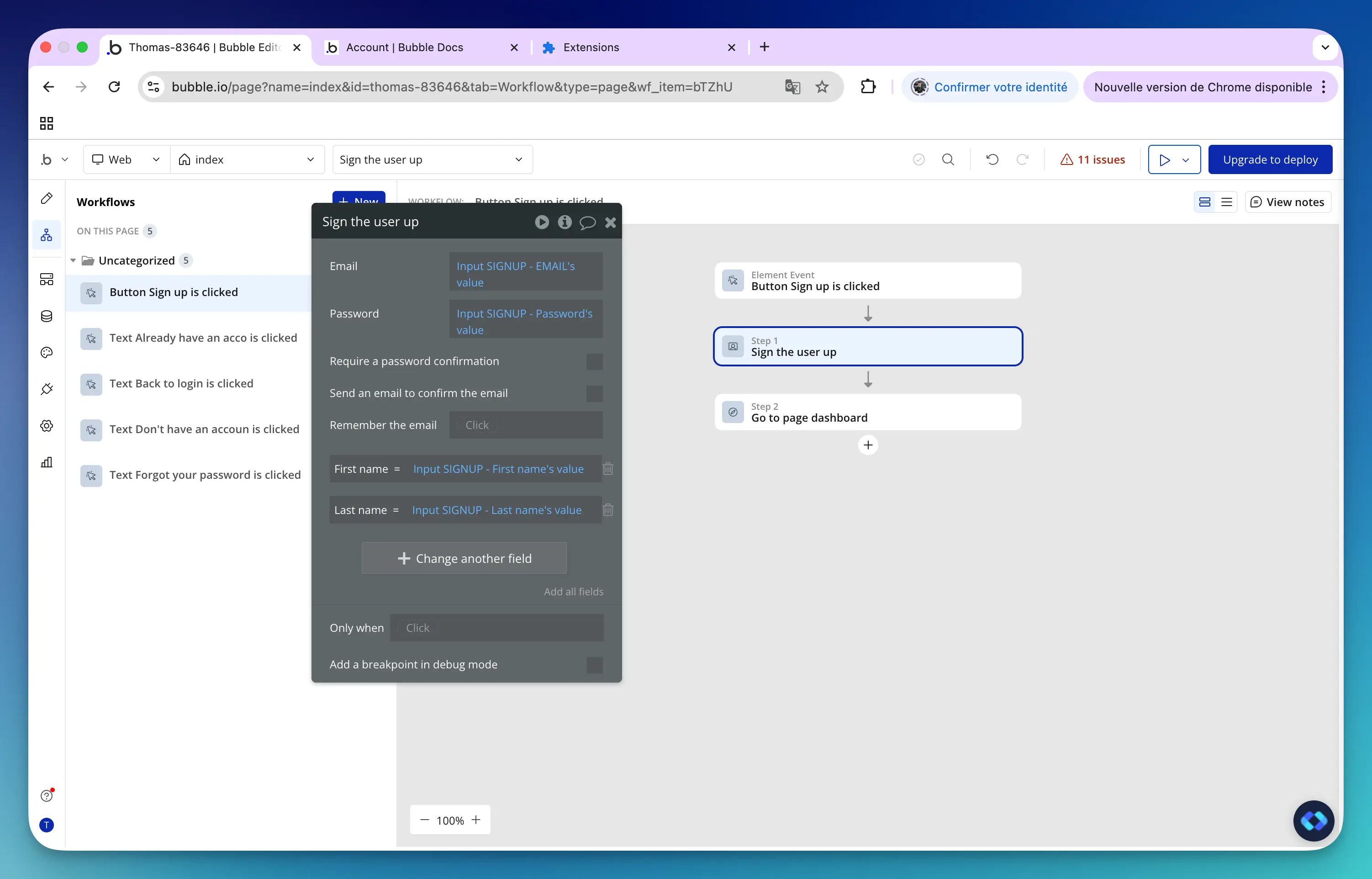 bubble.io sign up workflow