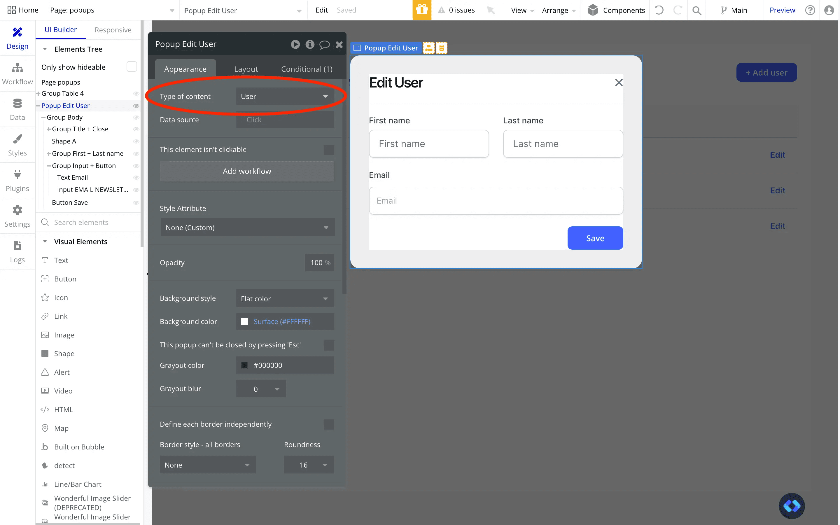 example of a data source in a popup in bubble.io