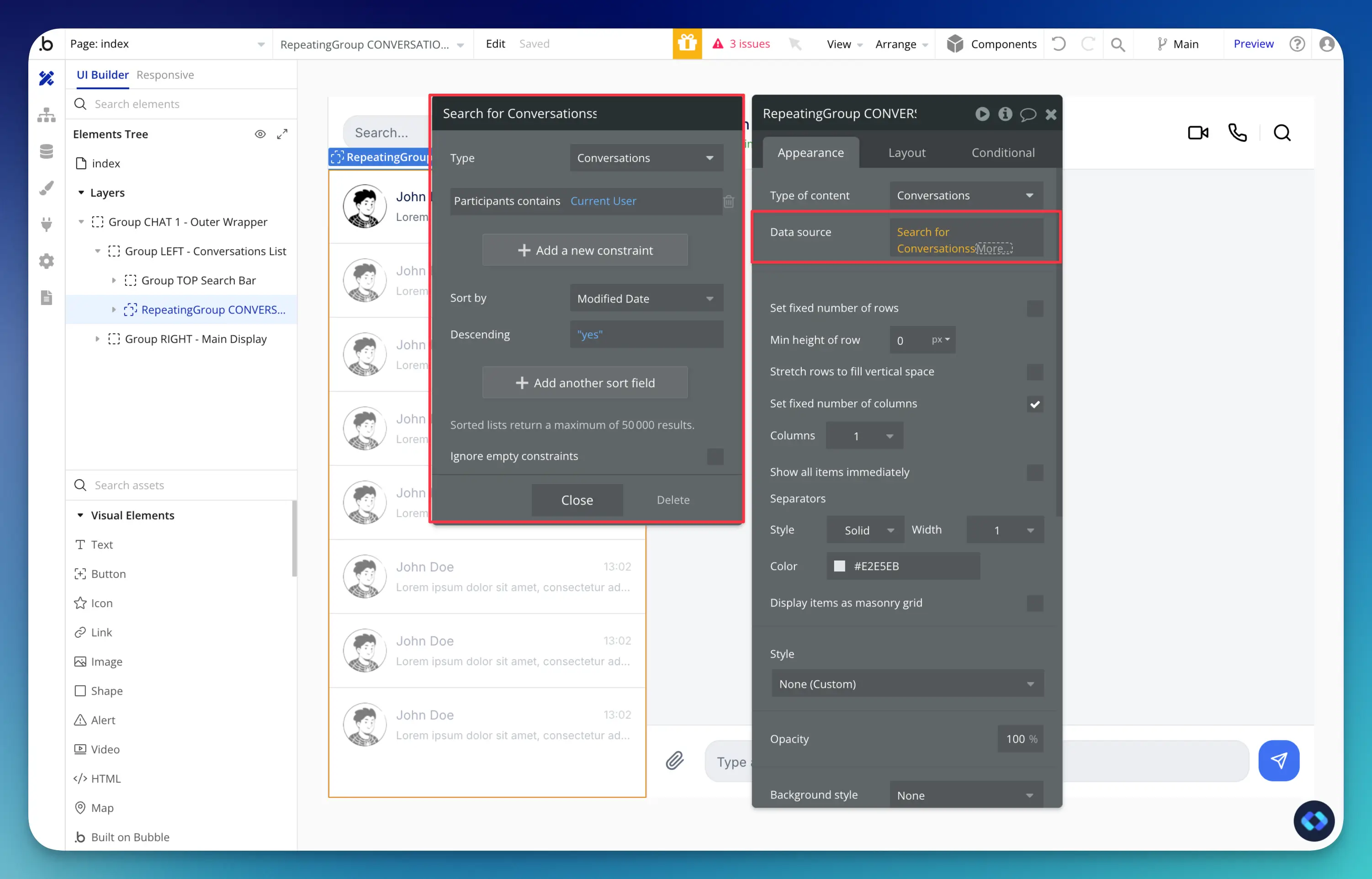 searching for conversations in a chat messaging system in bubble.io