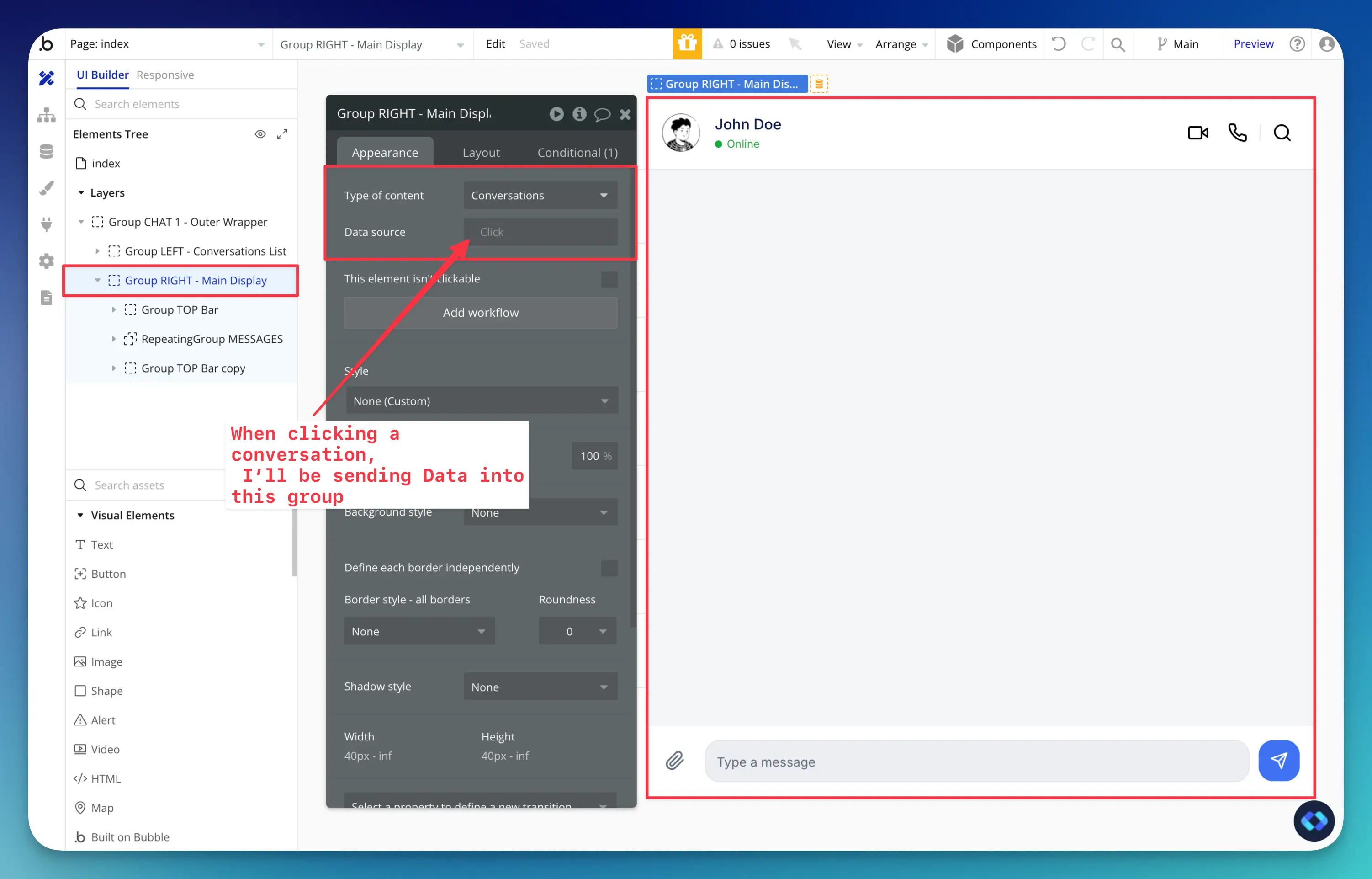 bubble.io data for a chat
